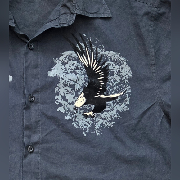 Vintage Code 7 Mens Button-up Casual Black Velvet Eagle Biker Rock Retro Sz L - Picture 5 of 12